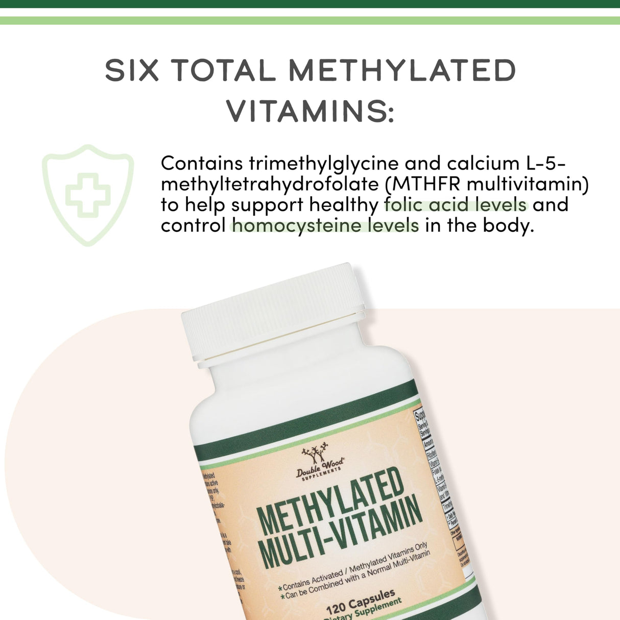Methylated Multivitamin (Methylated and Activated Vitamins Only - Methylated B Complex with Trimethylglycine (TMG) and Methylfolate)(Non-GMO, Gluten Free MTHFR Supplement) 120 Capsules by Double Wood