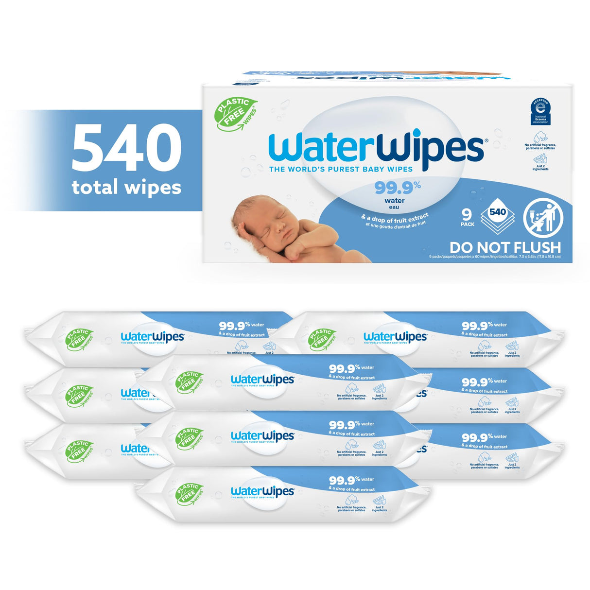 WaterWipes Plastic-Free Original Baby Wipes, 99.9% Water Based Wipes, Unscented & Hypoallergenic for Sensitive Skin, 1080 Count (18 packs)