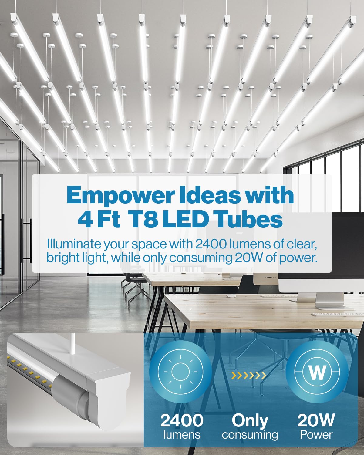 Sunco 10 Pack T8 LED Bulbs 4 Foot, 48 Inch Tube Light Bulbs Fluorescent Replacement, Single or Double Ended Hybrid Type A+B, 2400 LM, 20W, 5000K Daylight, Clear Lens ETL