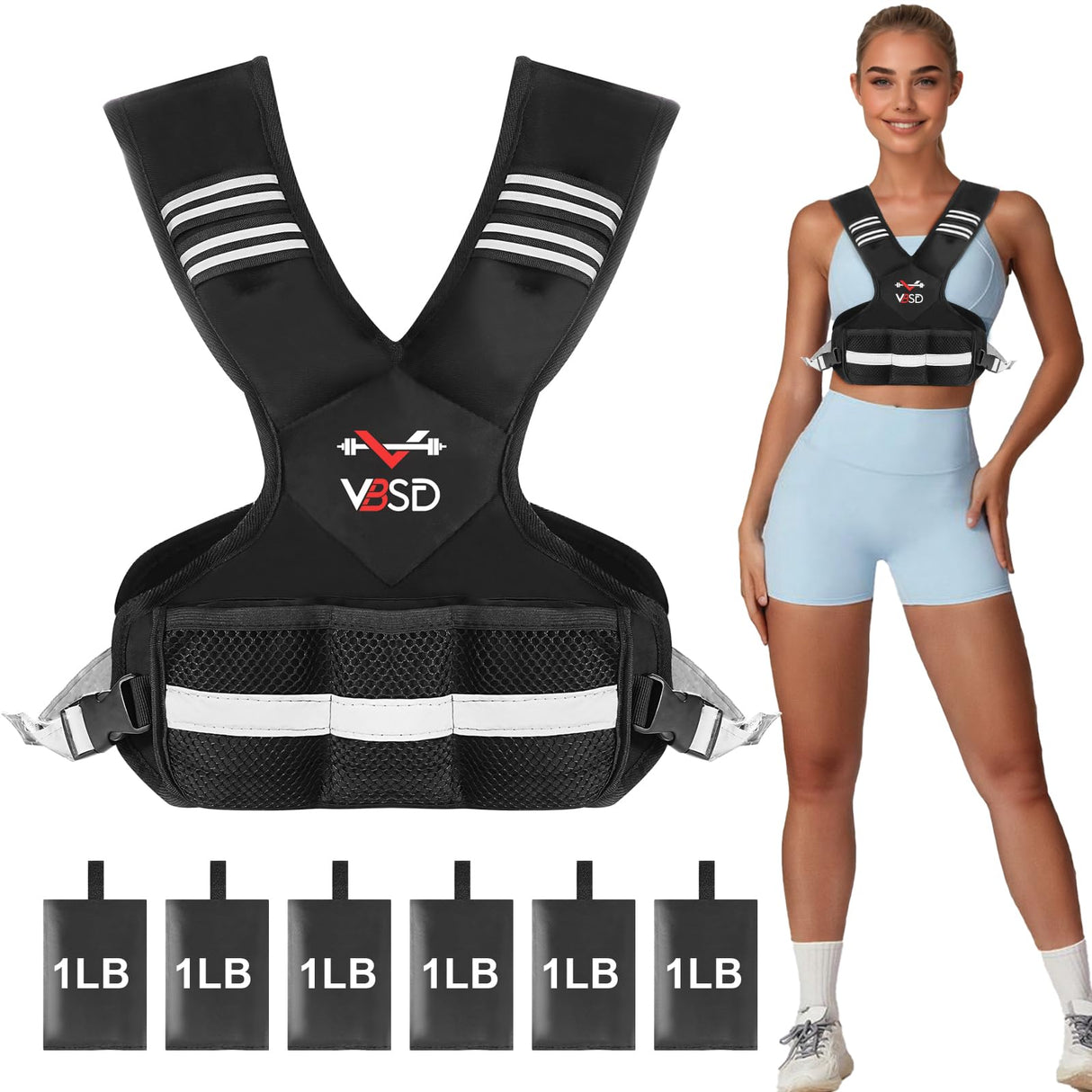VBSD Adjustable Weighted Vest for Men Women, 4-10lb Vest with 6 Ironsand Weights, Body Weight Vest with Reflective Strip for Running, Walking, Strength Training, Workouts