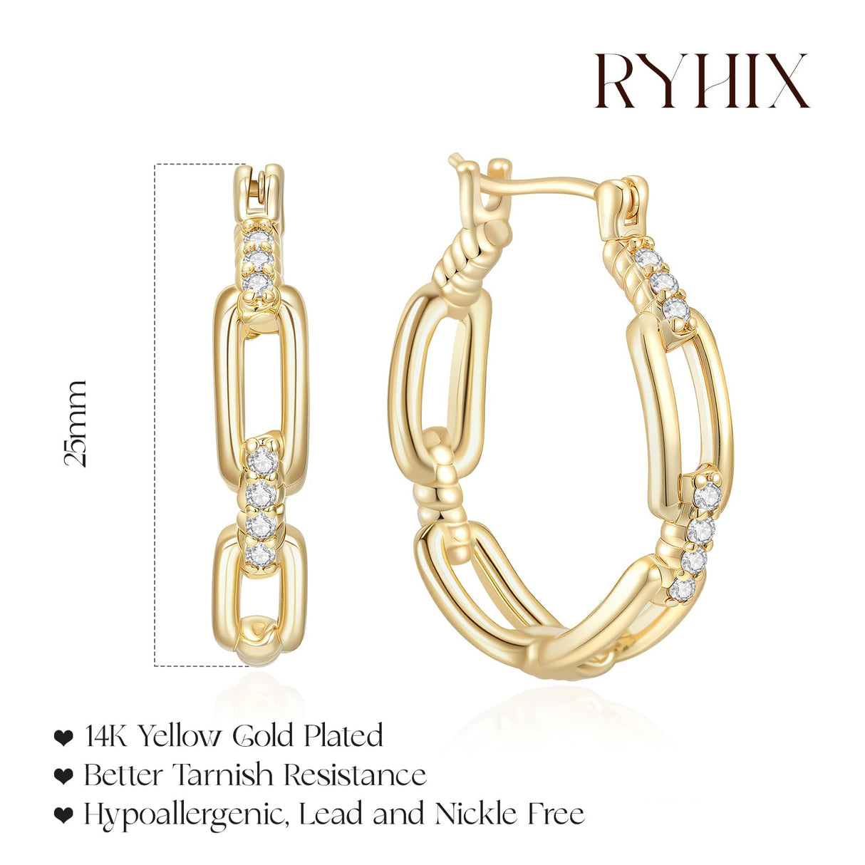 RYHIX 14K Gold Hoop Huggie Earrings for Women Gold Earrings Hoops Earring Trendy Cable Design Womens Earring 25mm