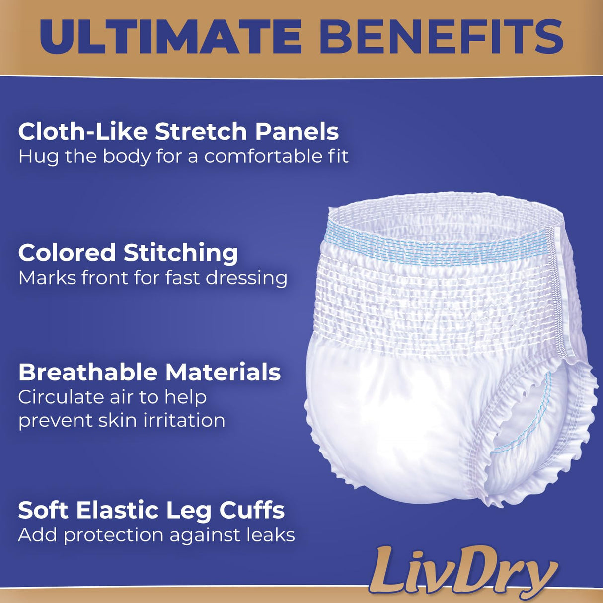 LivDry Ultimate XL Adult Incontinence Underwear, High Absorbency, Leak Cuff Protection, X-Large, 48-Pack
