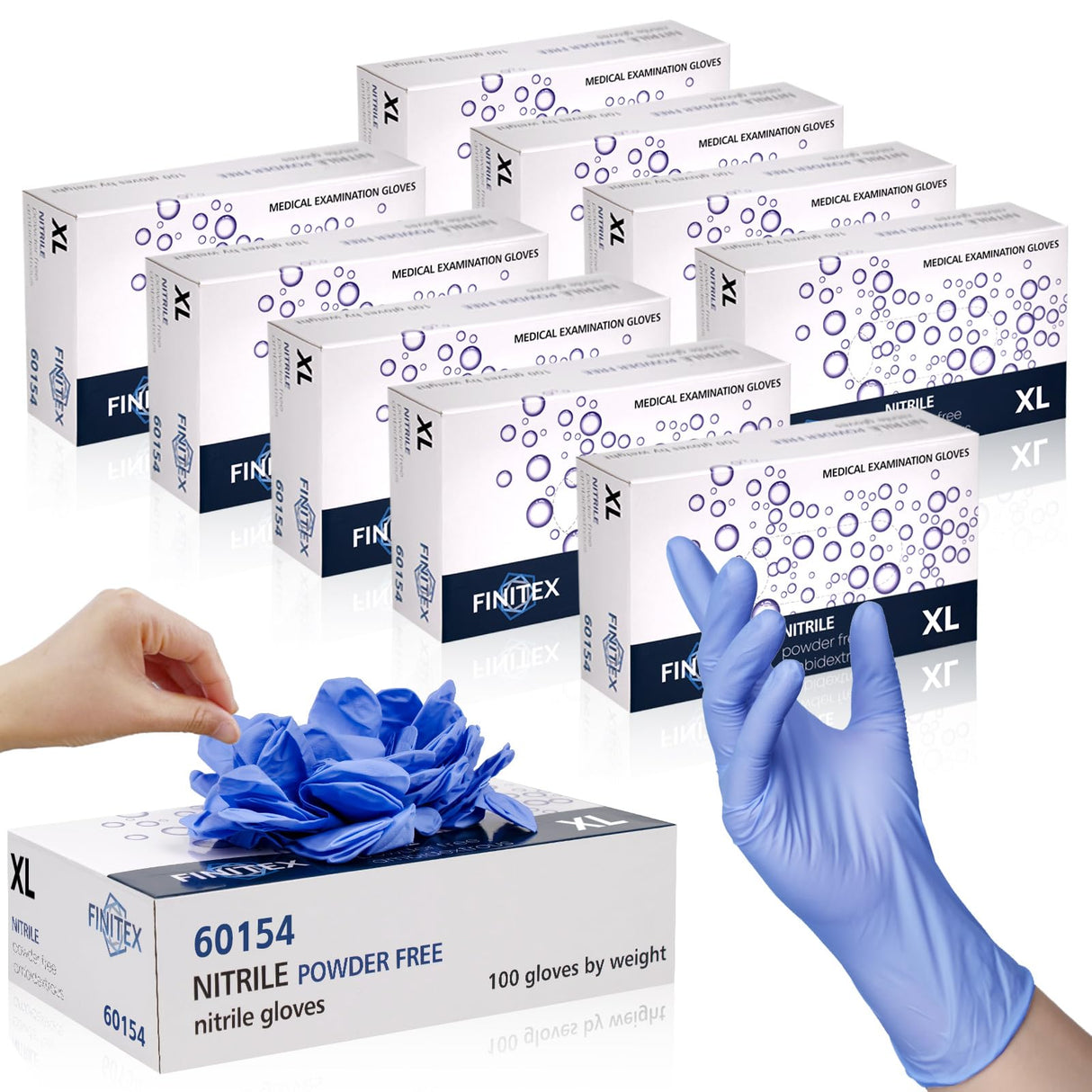 FINITEX Disposable Nitrile Exam Gloves 1000 PCS - 3.2mil Ice Blue Powder-free Latex-Free Examination Home Cleaning Food Gloves (M)