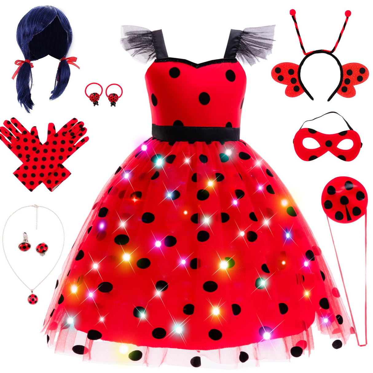 CIYTI Girls Light up Ladybug Costume, Light Up Princess Costume Dress Kid Toddler Princess Dress Halloween Christmas Dress Up Children Clothing (5-6 Years)