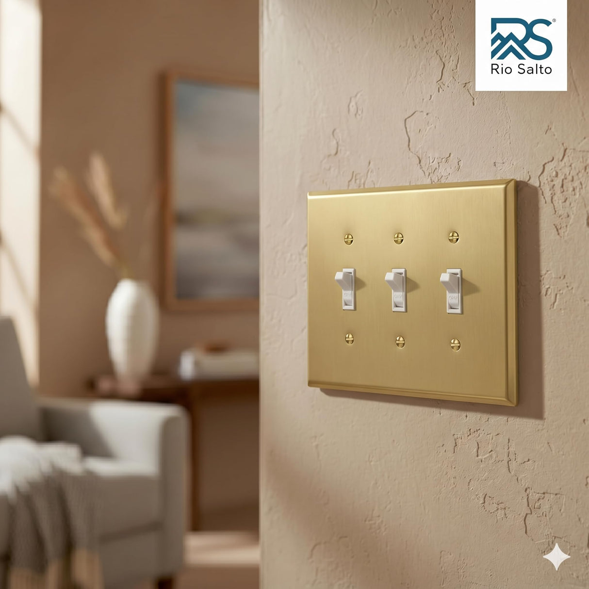 Rio Salto BRASS Toggle Light Switch Cover Plate Triple Toggle Flip Switch Outlet Covers 3 Gang Brushed Brass Gold Metal Wall Plate Flip Swtich — Signature Collection, Standard Size 4.50" X 6.33"