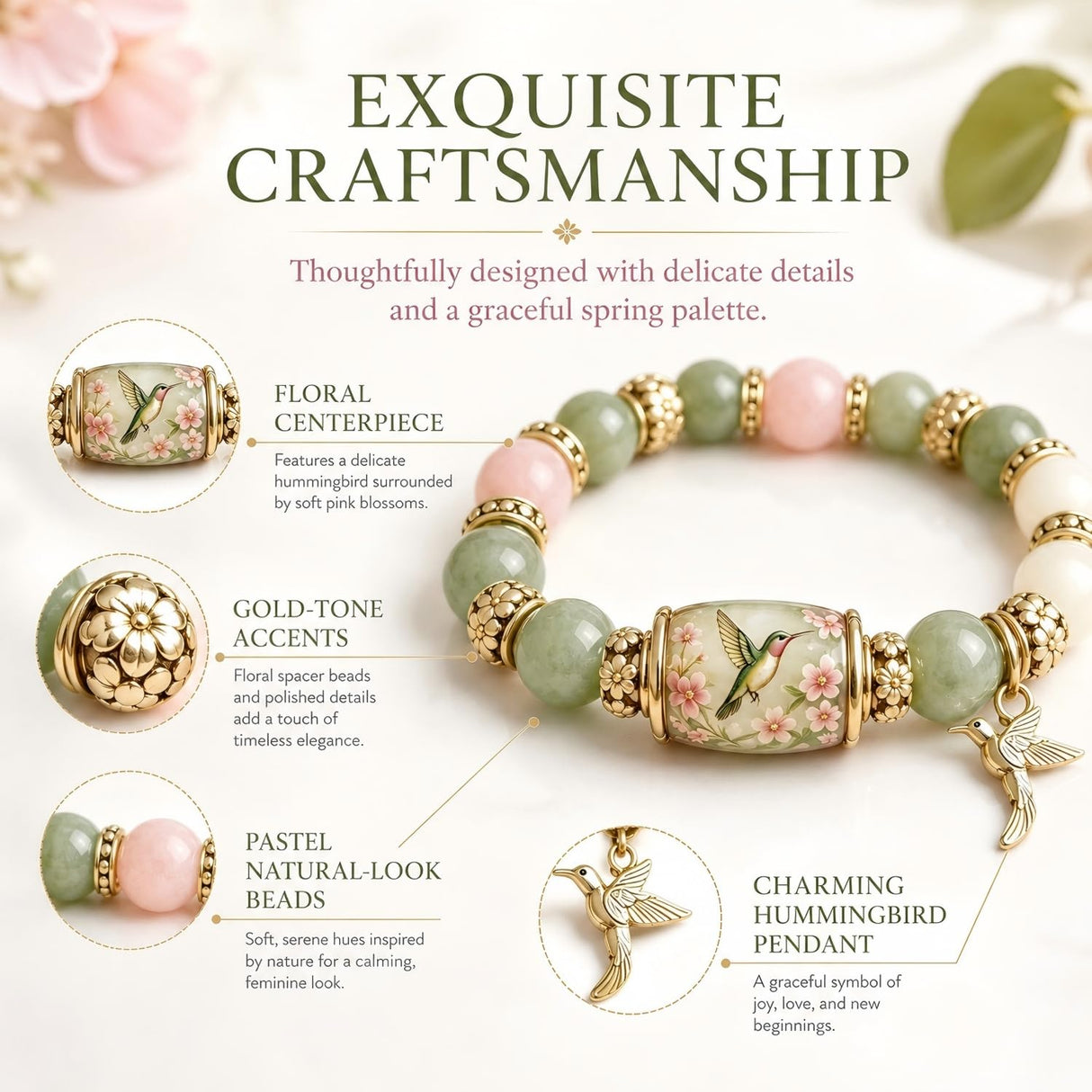 VOOYVEX 2026 Hummingbird Blessing Jewelry Beads Bracelet for Women Spring Garden Hummingbird Charm Thick Elastic Beaded Bracelets with Giftbox