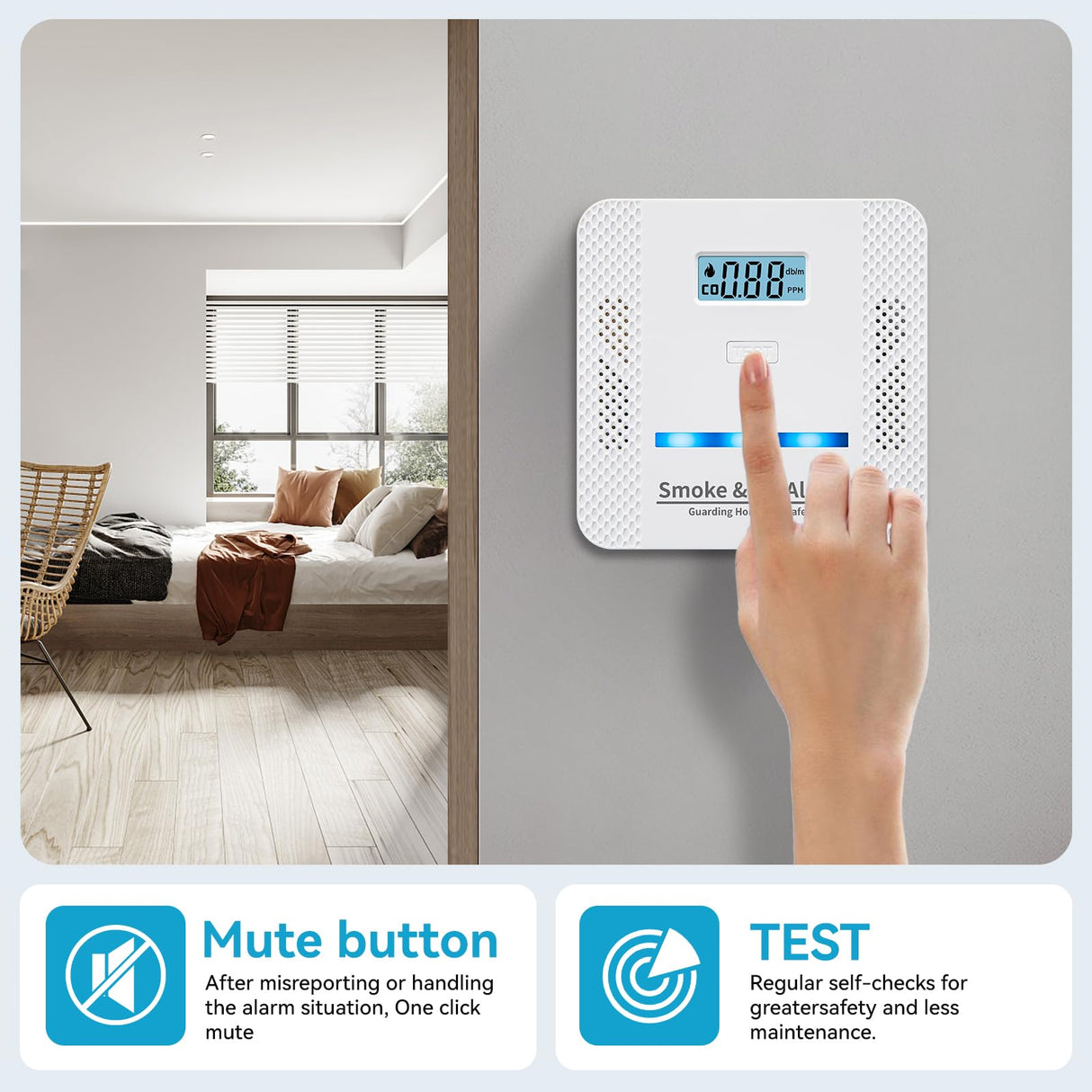 Smoke Detector Carbon Monoxide Detector,2 in 1 Fire & CO Alarm,Battery Powered,Carbon Monoxide Gas Detector with LCD Digital Display Sound and Light Alarm for Bedroom Warehouse Kitchen or RV Travel