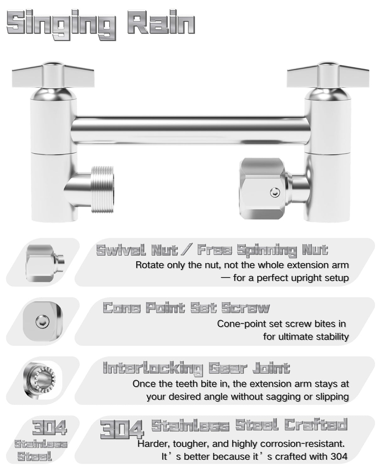 5 Inch Adjustable Shower Head Extension Arm, With Locking Set Screw, Singing Rain 304 Stainless Steel Chrome Angle Height Adjustable, Easy Install, G1/2 Universal Connector Compatible (Chrome Finish)