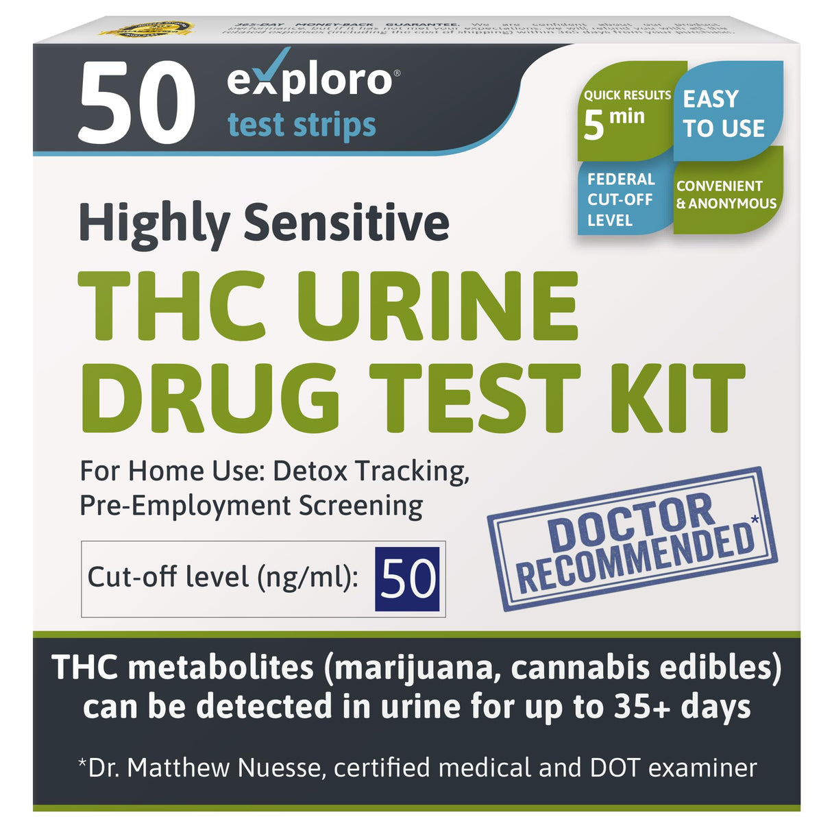 Exploro Highly Sensitive Marijuana Drug Test Kit, THC Drug Test Urine for Marijuana/Weed, Easy Home Drug Test Marijuana, THC Tests for Home for 50 ng/ml, THC Test Strips (Pack of 50)