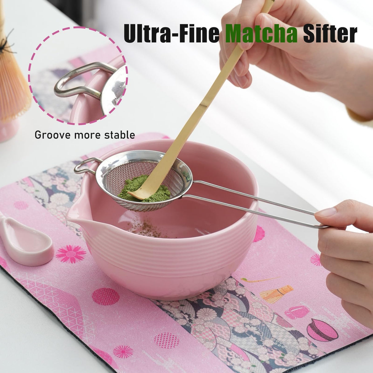 Clay&Fire Matcha Whisk Set, Ceramic Matcha Set, Matcha Bowl with Spout and Whisk, 8 pcs Matcha Tea Kit for Matcha Lovers, Ideal Gift Christmas, Birthday (Pink)