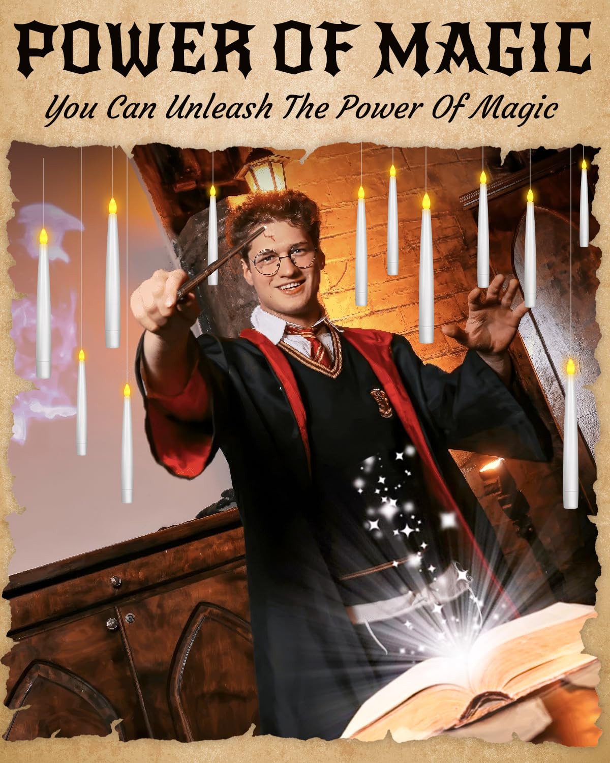 Halloween Decor Floating Candles With Wand, 20pcs Magic Hanging Candles With Remote, 6.3IN Flameless Taper Led Candle Battery Operated Floating Window Candle, Decor for Christmas, Wedding, Halloween