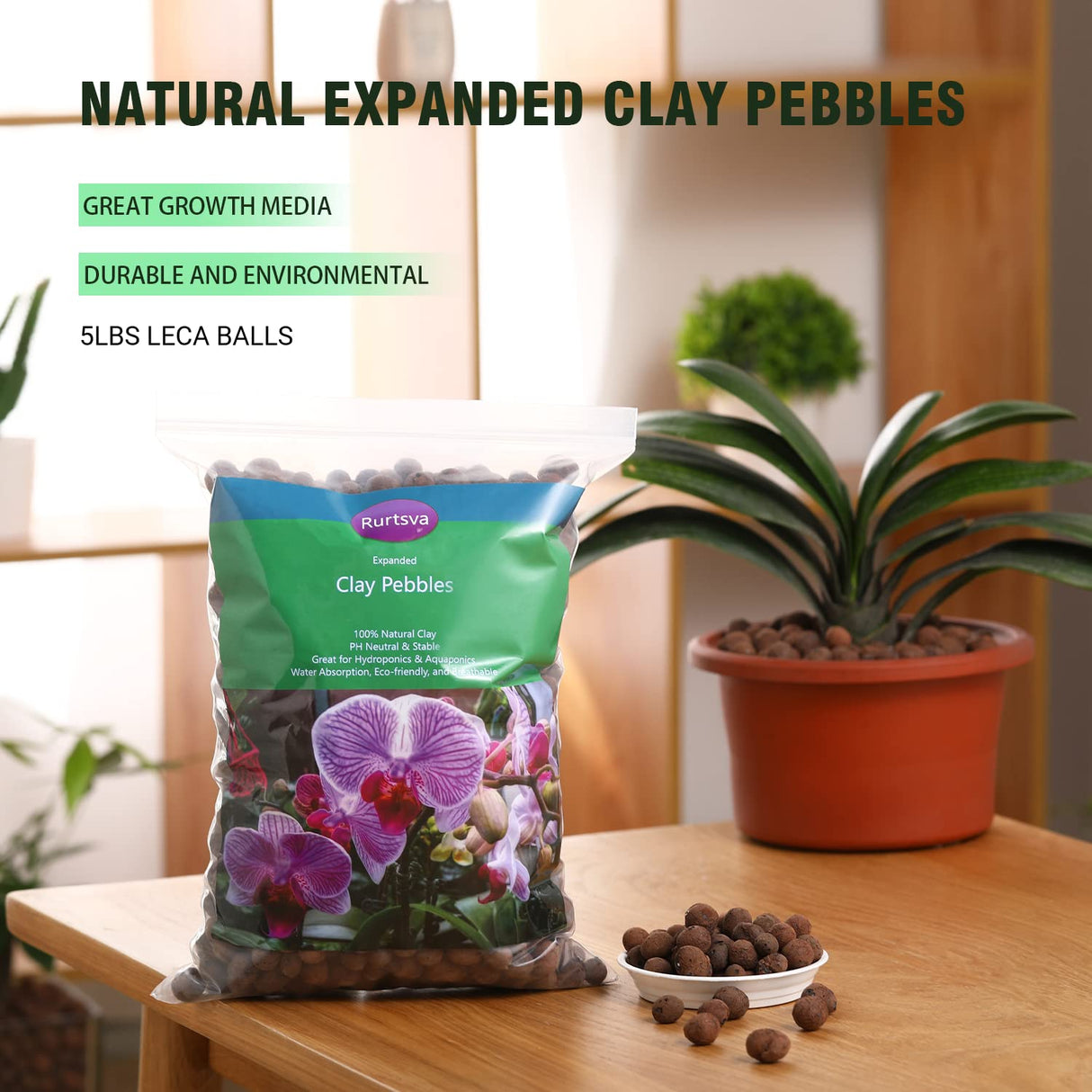 Rurtsva Natural Clay Pebbles 5LBS– 8mm-15mm Expanded Leca Balls for Hydroponics Plants Drainage Grow Media Reusable Soil Amendment for Orchids, Succulents, Aquaponics