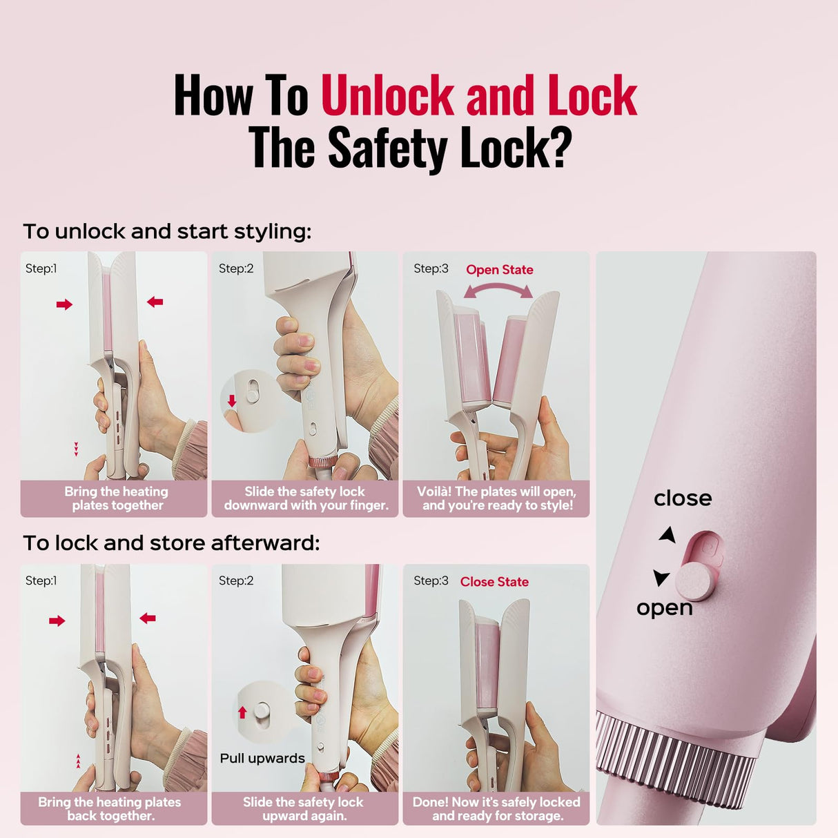 Hair Waver LENA S16 Beach Waves Curling Iron, Hair Tool for Women with 3 Titanium Ceramic Barrels, Anti-Scald Protection, Smart Timer & Adjustable Temps, Dual Voltage, 1.25 Inch, Pink