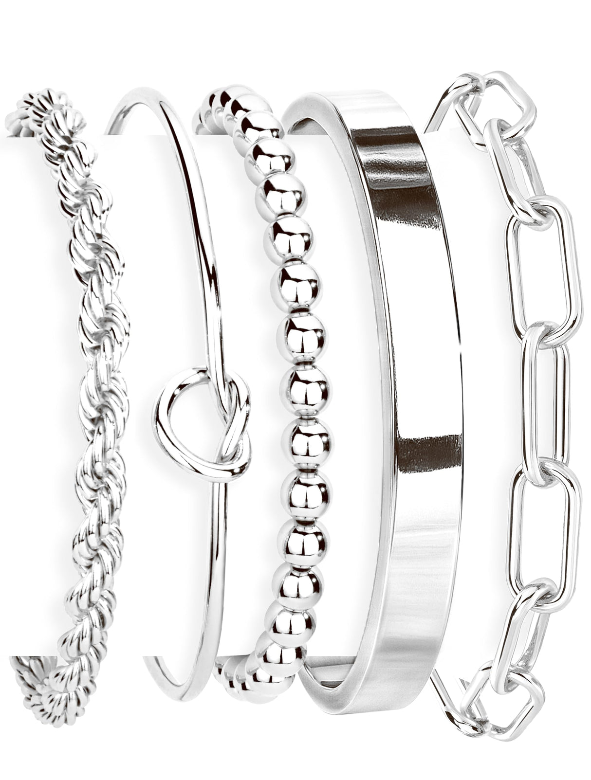 Gokeey Silver Cuff Bracelets for Women,Dainty Silver Bangles Bracelets Set for Women, Paperclip Link Chain Rope Beaded Tie Knot Bracelets Stack Chunky Jewelry