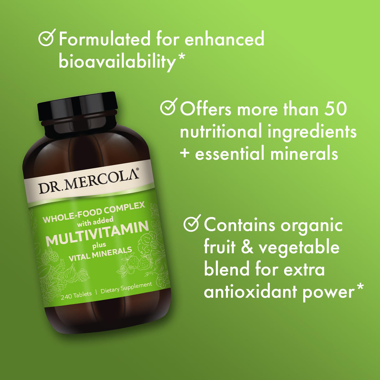 Dr. Mercola Whole-Food Complex with Added Multivitamin Plus Vital Minerals, 30 Servings (240 Tablets), Dietary Supplement, Supports Overall Health