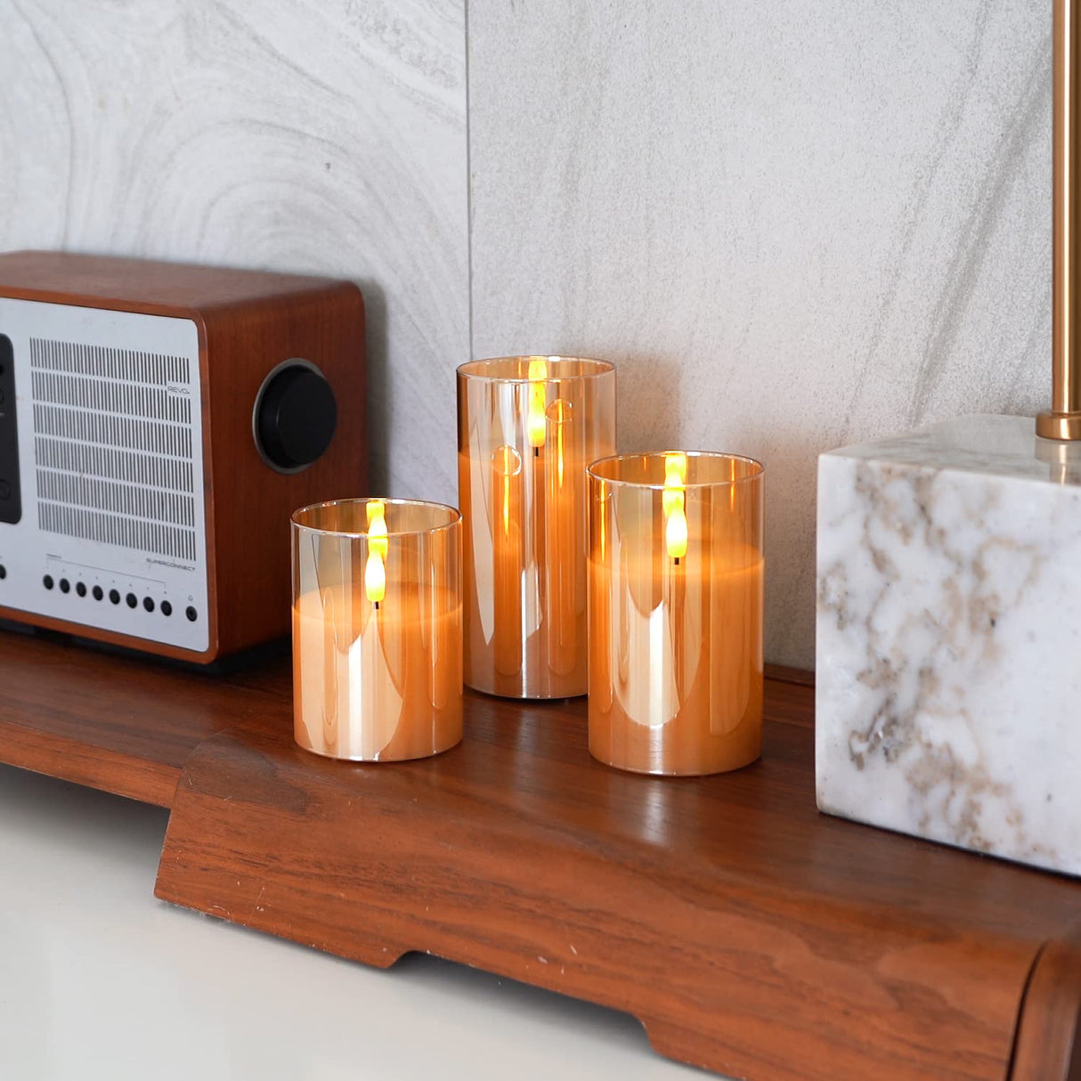 Amagic Gold Glass Flameless Candles Battery Operated with Timer, Remote Control, Flickering LED Fake Pillar Candles for Fall Decoration, Christmas Thanksgiving Decor, Amber, Set of 3