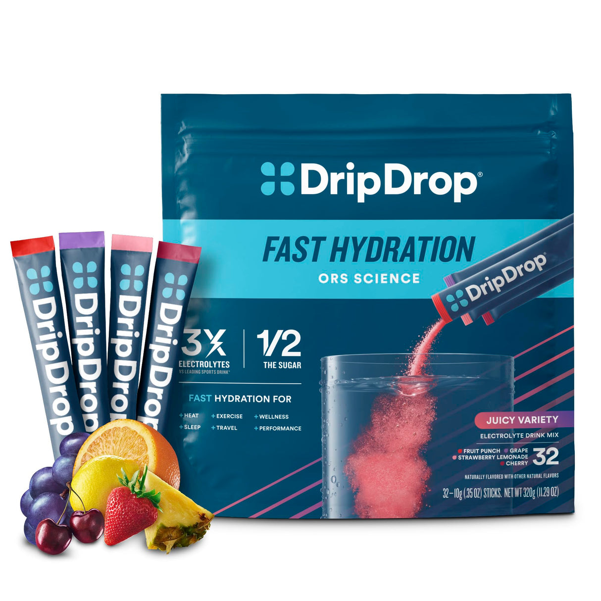 DripDrop Hydration Packets - Juicy Variety Pack - Single Serve Electrolytes Powder Drink Mix - Grape, Fruit Punch, Strawberry Lemonade, Cherry - Non-GMO, Gluten Free, Vegan - 32 Sticks