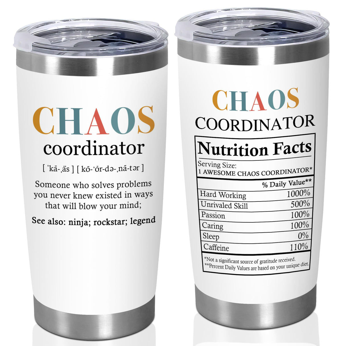 TEEZWONDER Christmas Thank You Gifts For Women - Chaos Coordinator Insulated Coffee Tumbler with Lid 20 oz - Teacher Retirement Appreciation Birthday Gifts for Women Friends Coworkers Boss Employee