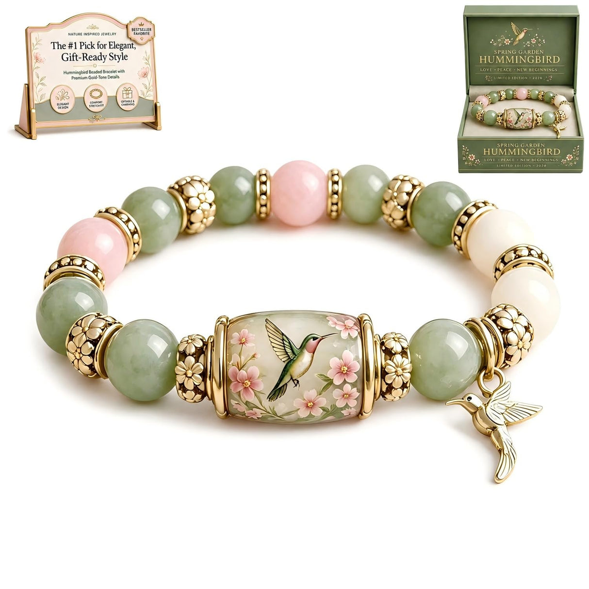 VOOYVEX 2026 Hummingbird Blessing Jewelry Beads Bracelet for Women Spring Garden Hummingbird Charm Thick Elastic Beaded Bracelets with Giftbox