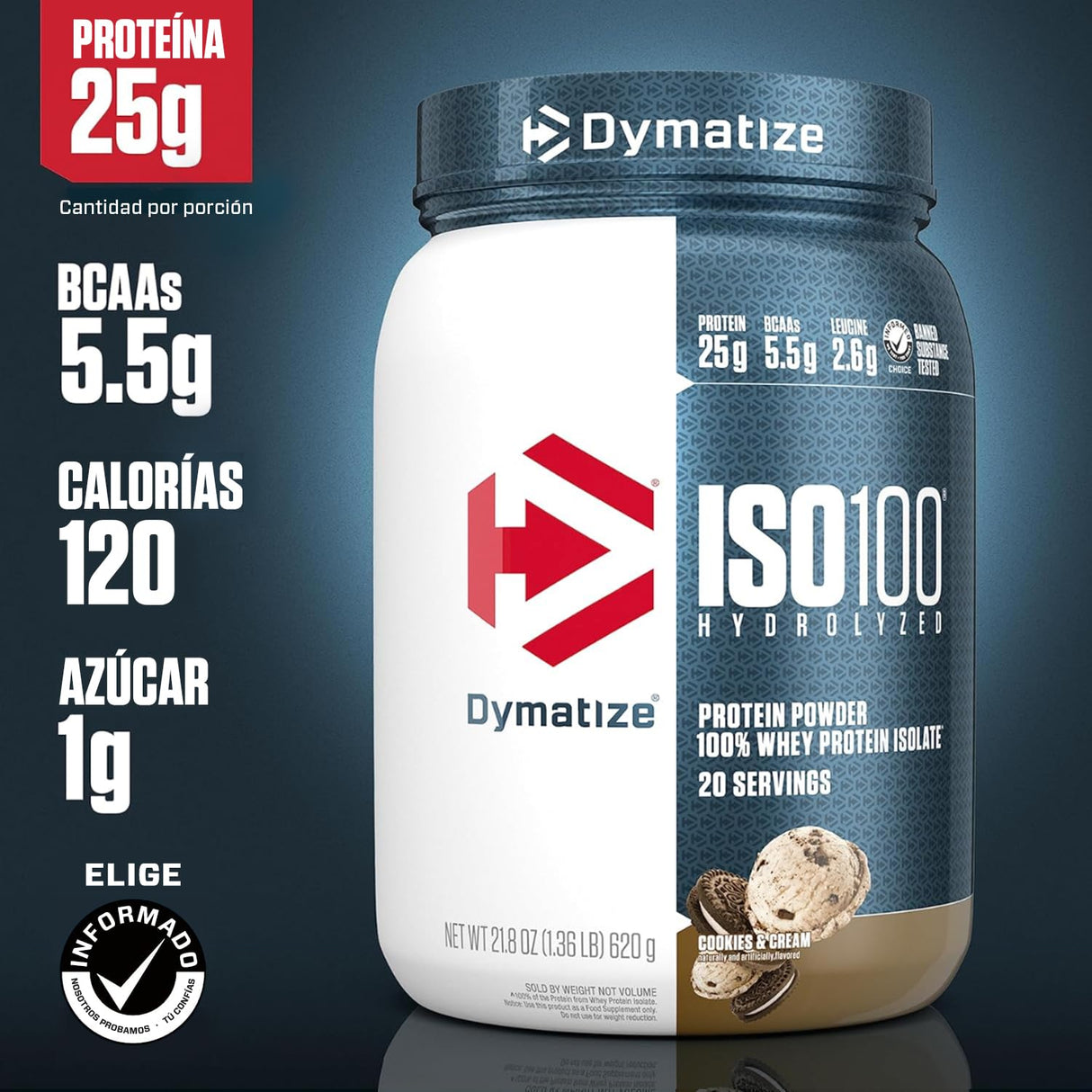 Dymatize ISO100 Whey Protein Powder Isolate, Cookies & Cream, 25g of Protein, 20 Servings, 5.5g BCAAs, Less Than 120 Cal., Gluten Free, 1g Fat, 1g Sugar, 2g Carb