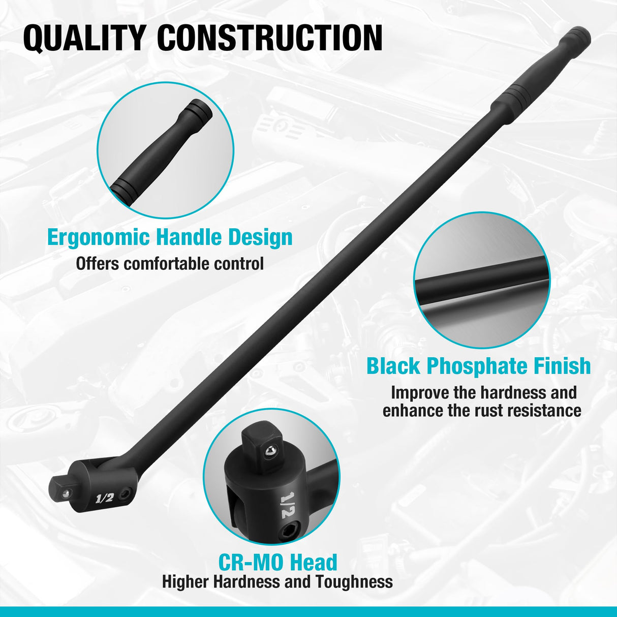 DURATECH Breaker Bar, 1/2'' Drive 24-Inch Breaker Bars Heavy Duty, with 240° Flex Head, Spring-loaded Detent Ball, CR-MO Head, Premium Black Phosphate Finish