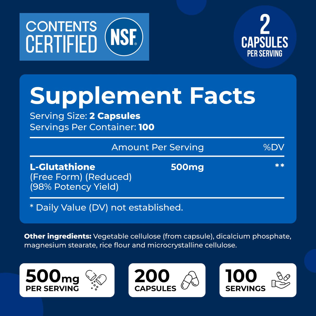 We Like Vitamins | NSF Certified Glutathione Supplement | Manufactured in USA | Highly Bioavailable | L-Glutathione Antioxidant Support|500mg Per Serving | 200 Capsules