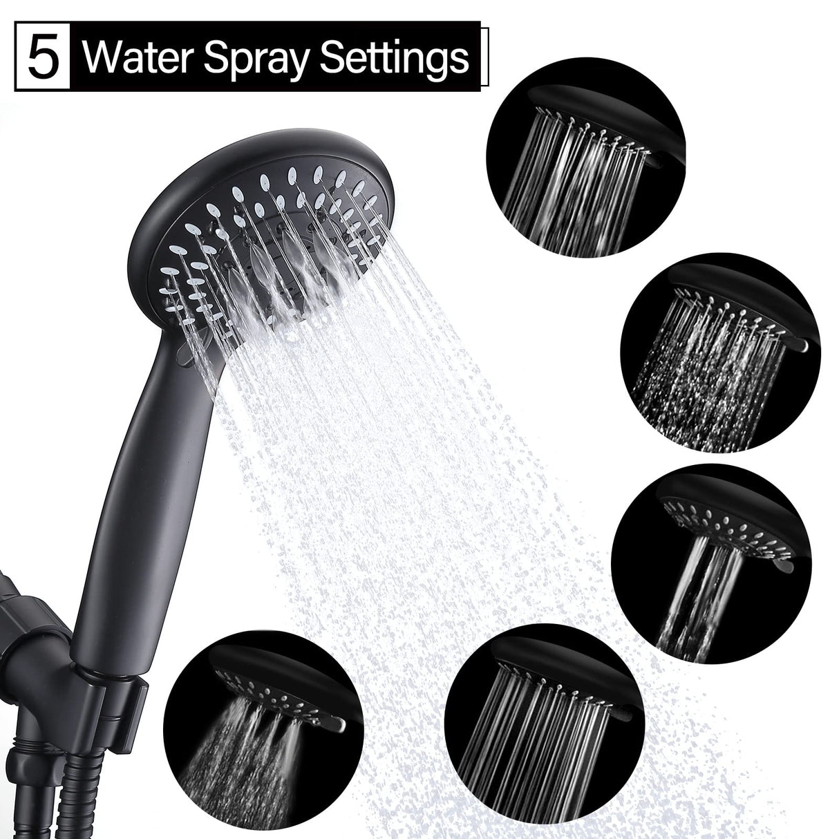 Shower Head with Handheld, Briout 5-Settings Showerhead High Pressure Powerful Water Spray Shower Head with Stainless Steel Hose and Adjustable Mount, Matte Black