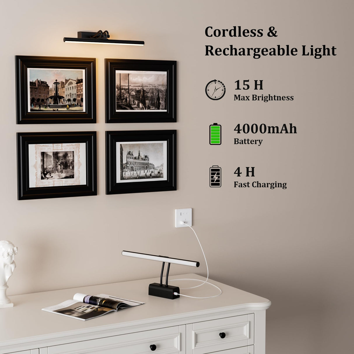 Percantis Battery Operated Picture Light for Wall, Wall Light for Living Room, 4000 mAh, 13.8'' Dimmable Art Painting Light, Remote Control, Black, Display for Gallery, Living Room, Bedroom(Black)