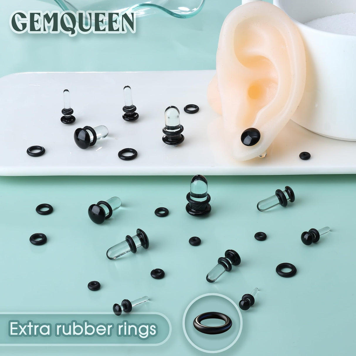GEMQUEEN 24 PCS Glass Ear Stretching Kit Comfy Ear Gauges Tunnels Plugs Dead Stretching Kit with Rubber O-Rings Single Flare Unique 0.5mm Increments Hypoallergenic Domed Body Piercing Jewelry 14G-1G