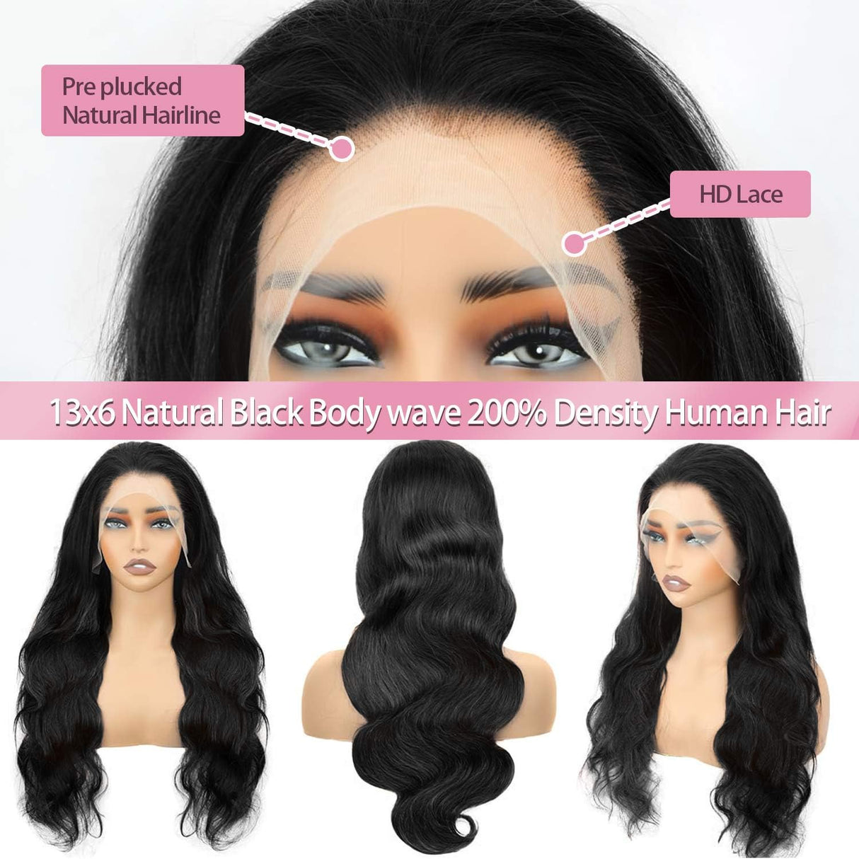 DSMOW 30 Inch 13x6 Lace Front Wigs Human Hair 200% Density Body Wave HD Lace Front Wigs Human Hair Pre Plucked Glueless Wigs Human Hair 13x6 Lace Frontal Wig for Women Natural Black