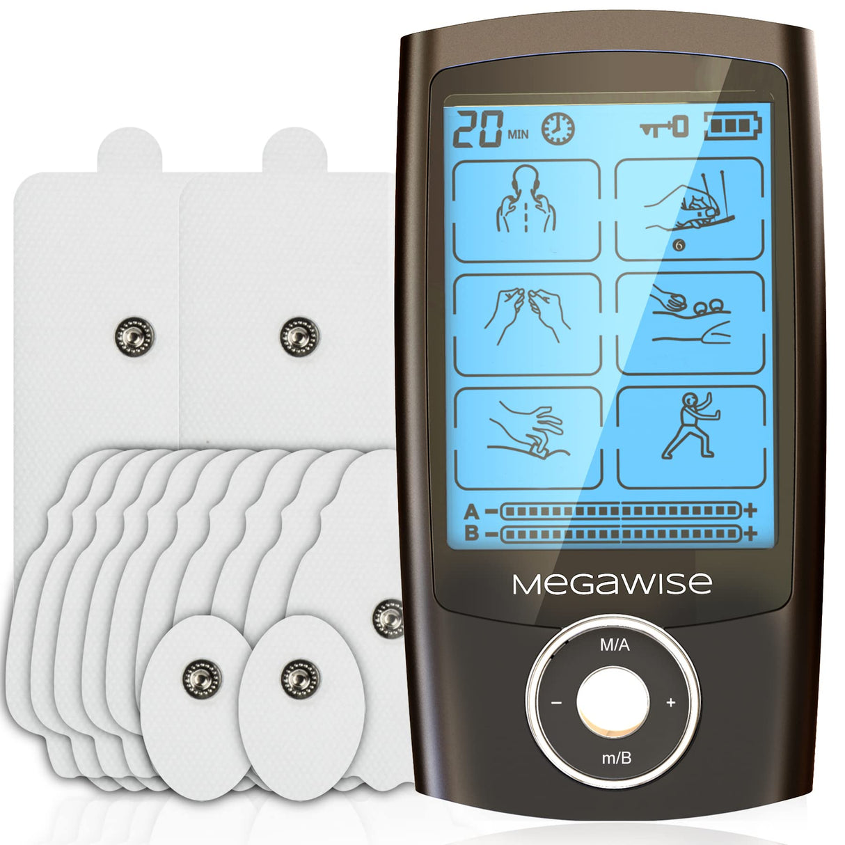 MegaWise 48 Modes(24 * 2) Dual Channel EMS TENS Unit Muscle Stimulator with 14Pcs Reusable Electrode Pads. Rechargeable Continuous Mode Electronic Pulse Massager with Storage Pouch/Pads Holder