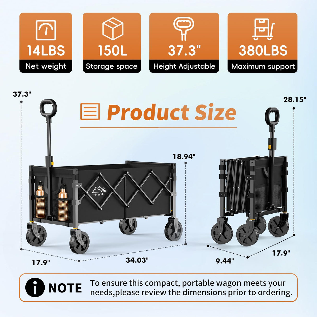 NWH 34'' Extra Long Collapsible Wagon, 380lbs Large Capacity Folding Wagons Carts with Wheels Foldable, Heavy Duty Utility Cart with All-Terrain Wheels for Beach Outdoor Grocery Camping Garden
