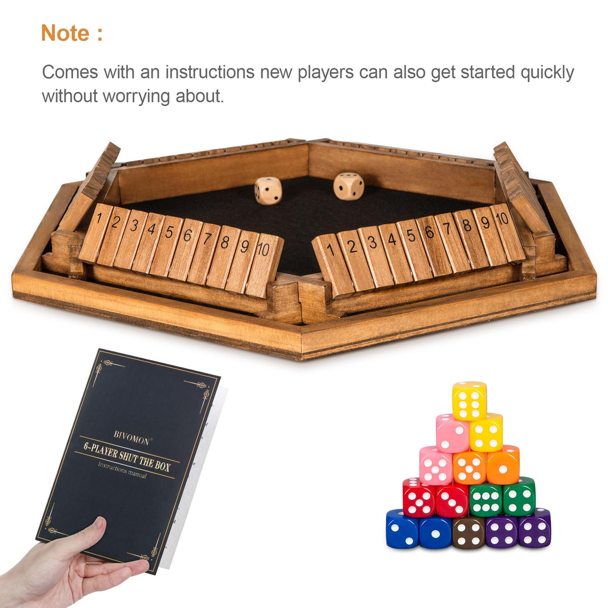BIVOMON 1-6 Players Shut The Box Dice Game, Wooden Board Table Math Game for Kids Adult with 24 Dice, Close The Box Game for Family, Party, Christmas, Birthday