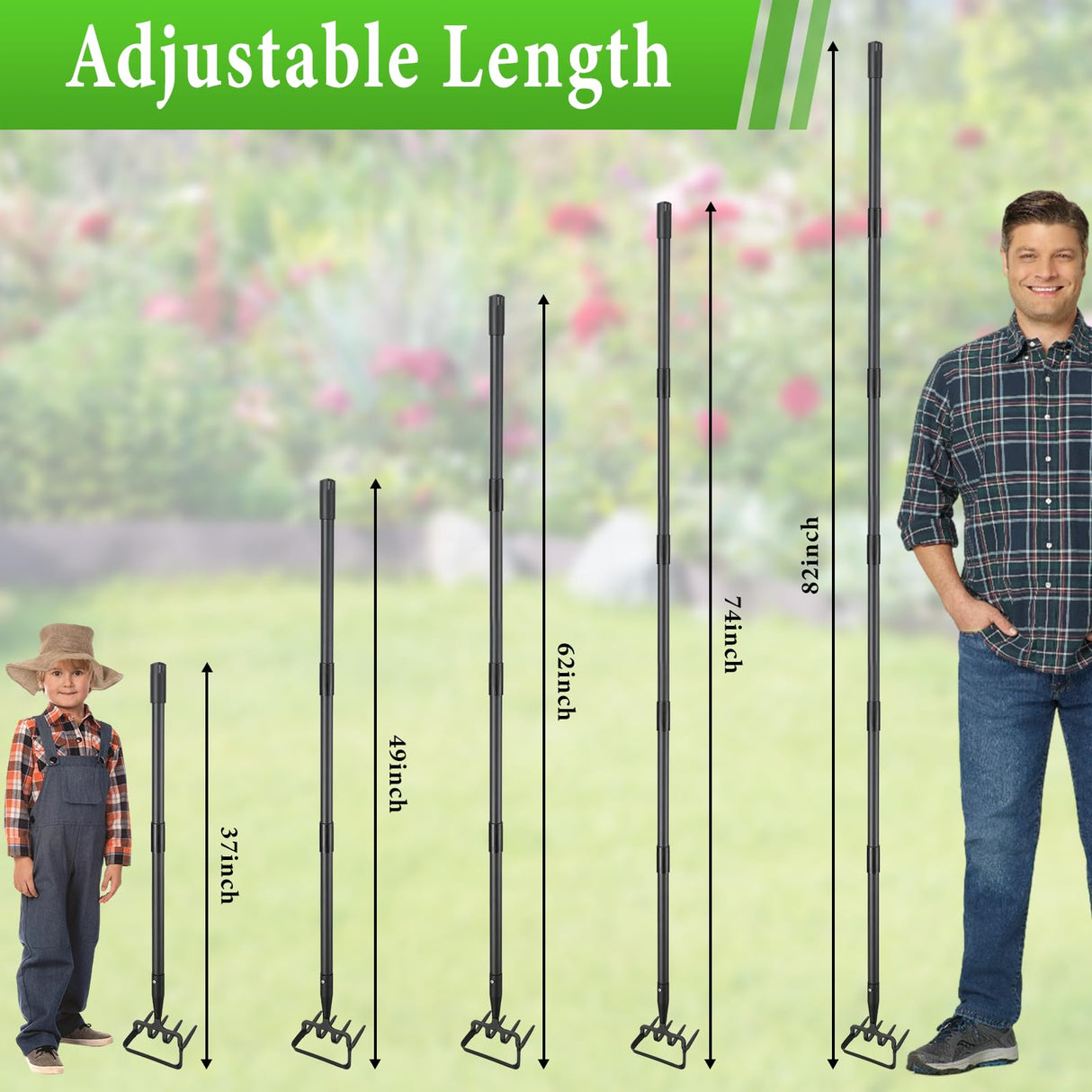 Garden Hoe with Rake, 37-82" Adjustable Long Handle Stirrup Weeder Hoe & 4-Tine Cultivator, Heavy Duty Scuffle Loop Hoe for Fast Weeding, Soil Loosening, Flower Beds, Vegetable Gardens