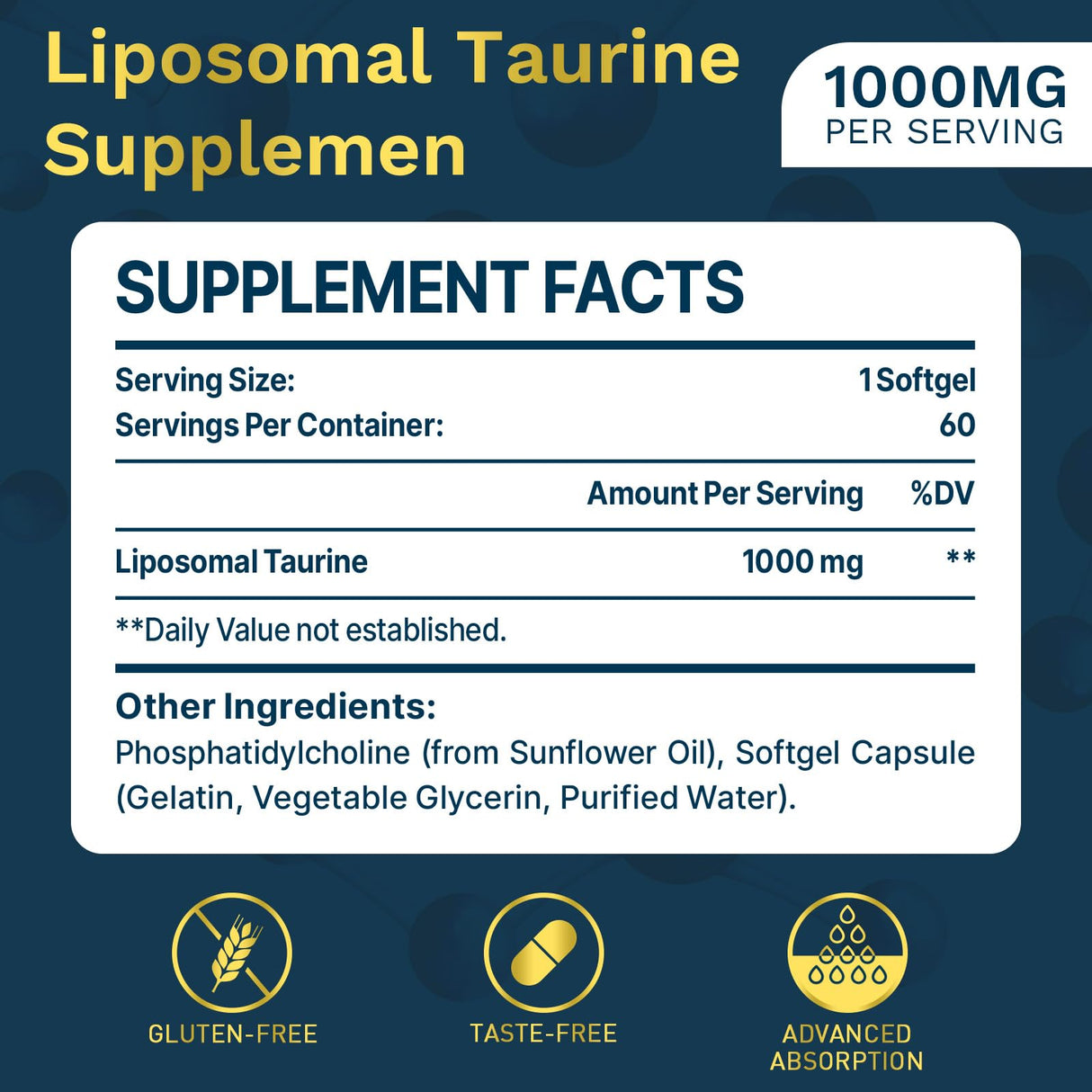 lipmaxmall Liposomal Taurine Supplement 1000mg, High Absorption Amino Acid for Heart, Nerve, Brain, Visual (60 Softgels - 2 Pack)