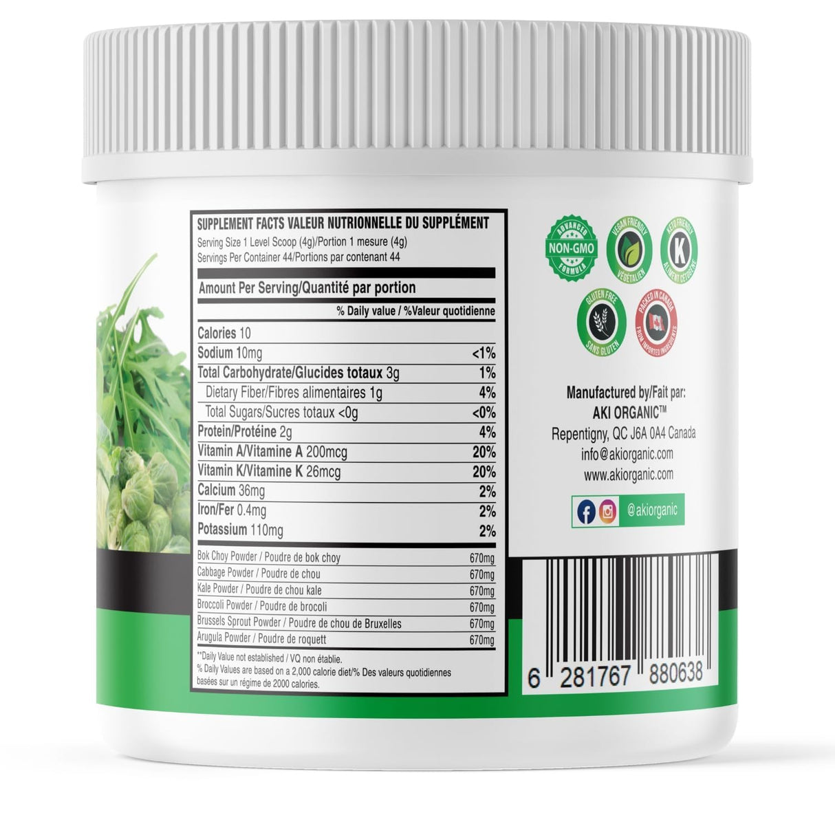 AKI Cruciferous Superfood Green Mix Powder - Made from Kale, Broccoli, Brussels Sprouts, Cabbage - Packed with Essential Phytonutrients & Vitamins ((5.3oz/150g))