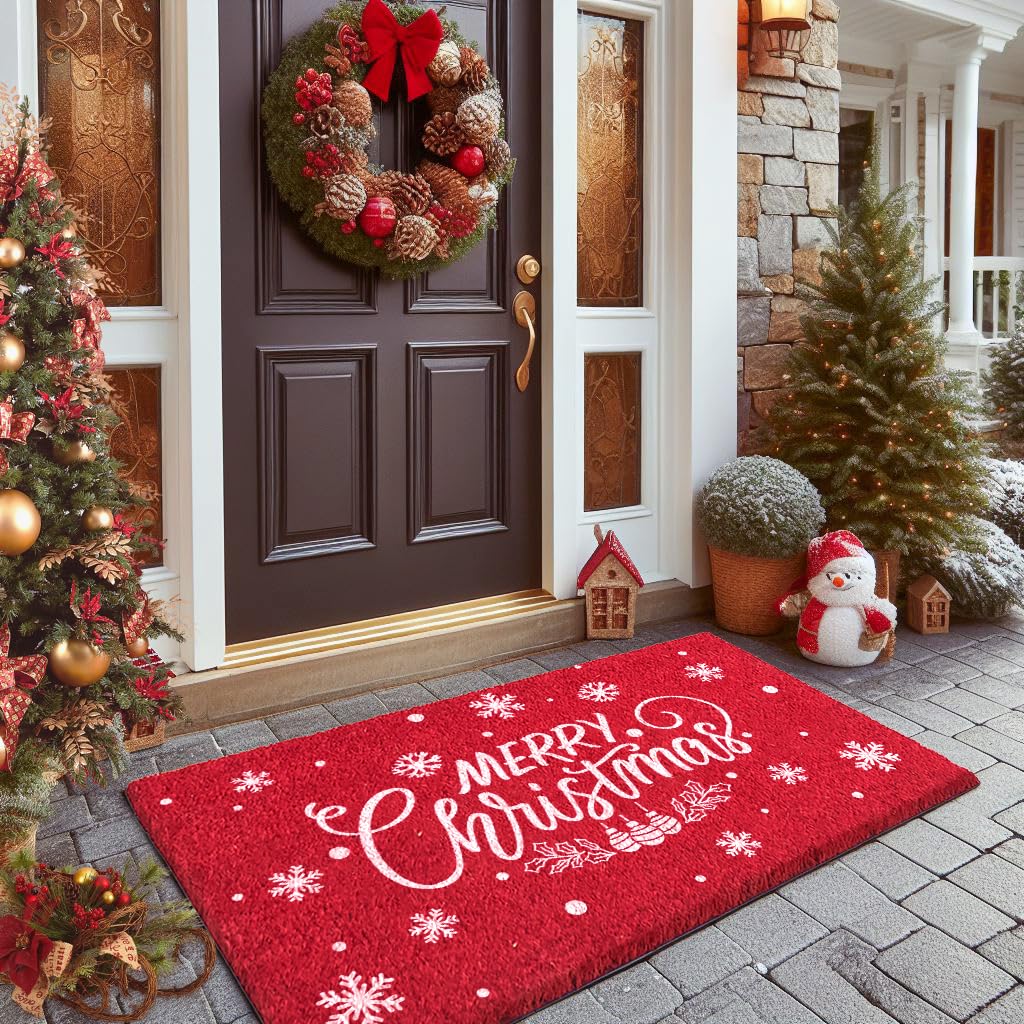 LuxUrux Premium Christmas Door Mat Outdoor - Elegant Coir Holiday Door Mat, Absorbent and Non-Slip for Outdoor Entrances Front Door (17'' x 30'' Merry Christmas.)