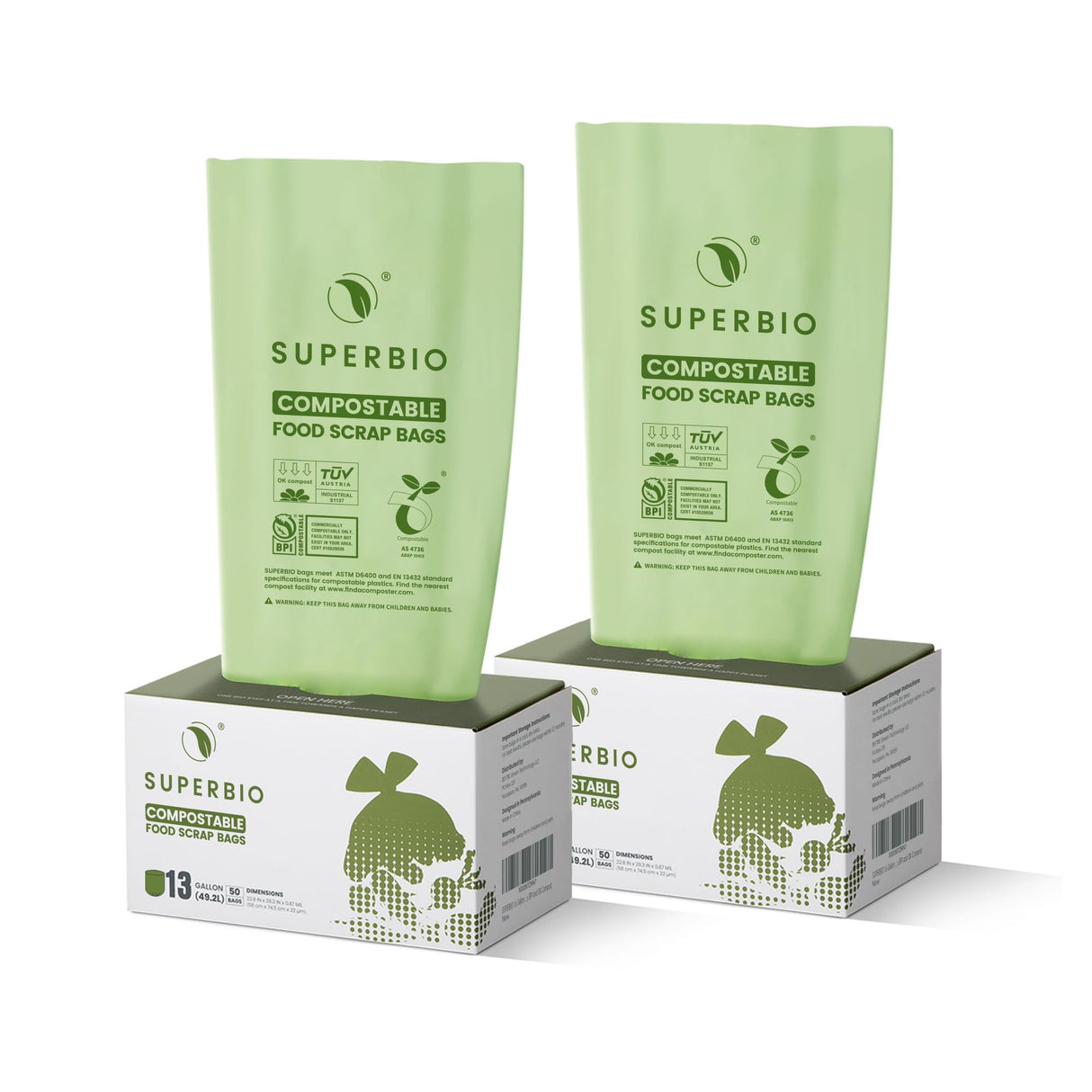 SUPERBIO 13 Gallon Flat Top Compostable Food Waste Bags, 50 Count, 2 Pack, 49.2L, 0.87 Mil, ASTM D6400 BPI and OK compost INDUSTRIAL
