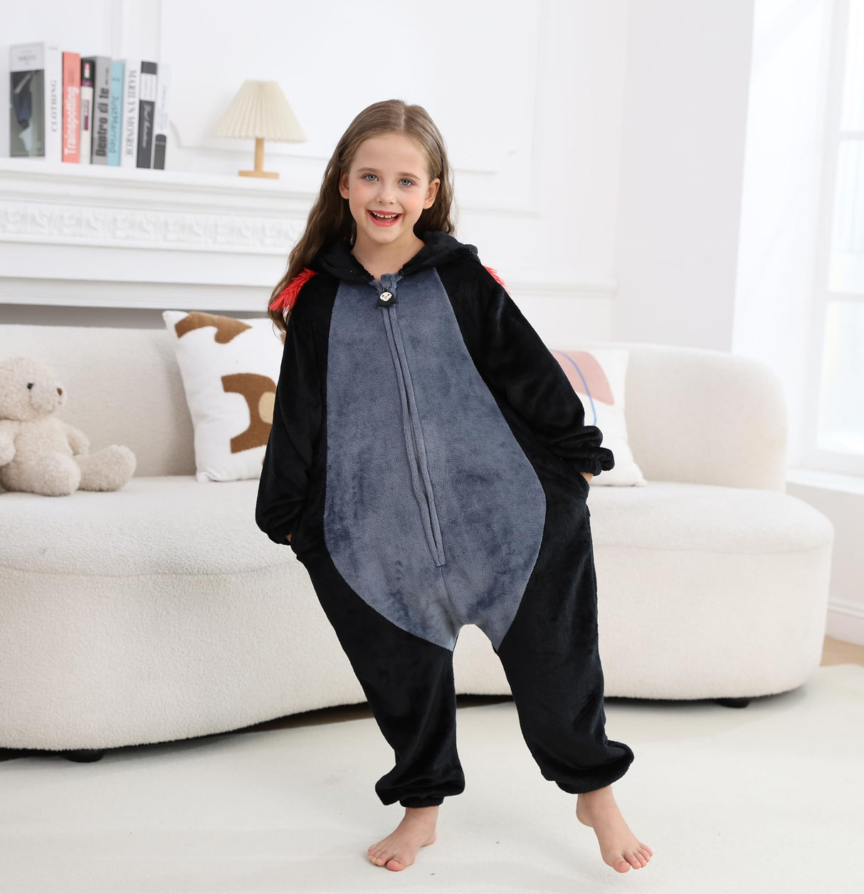 CuteOn Black-Red Axolotl Onesie Kids Animal Pajamas for Boys Girls Halloween Christmas Costume Cosplay Sleepwear Height for 140cm