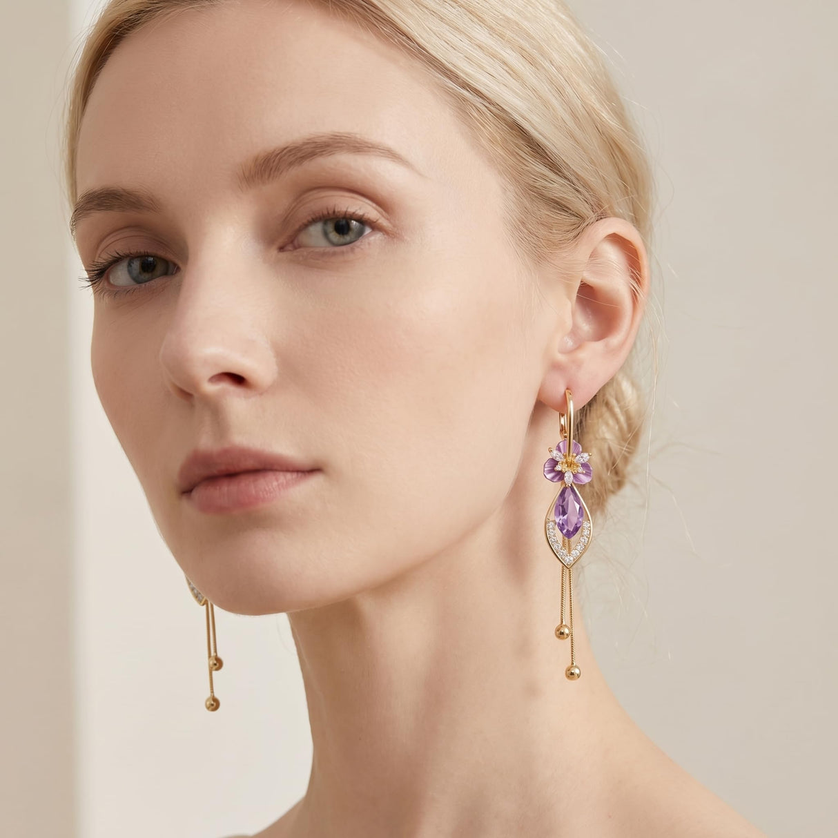 14K gold plated Purple Flower Dangle Chandelier Drop Earrings for Women Hypoallergenic Cubic Zirconia Elegant Statement Jewelry Gifts