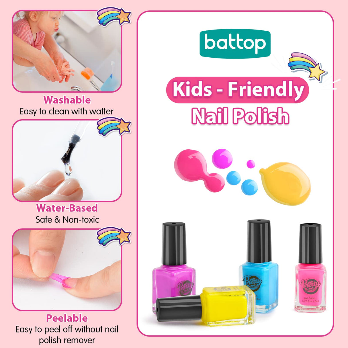 BATTOP Kids Nail Polish Set for Girls, Nail Art Kits with Nail Dryer & Glitter Pen, Quick Dry & Peel Off & Non-Toxic Nail Polish, Christmas Birthday Gifts for Girls Ages 6 7 8 9 10 11 12