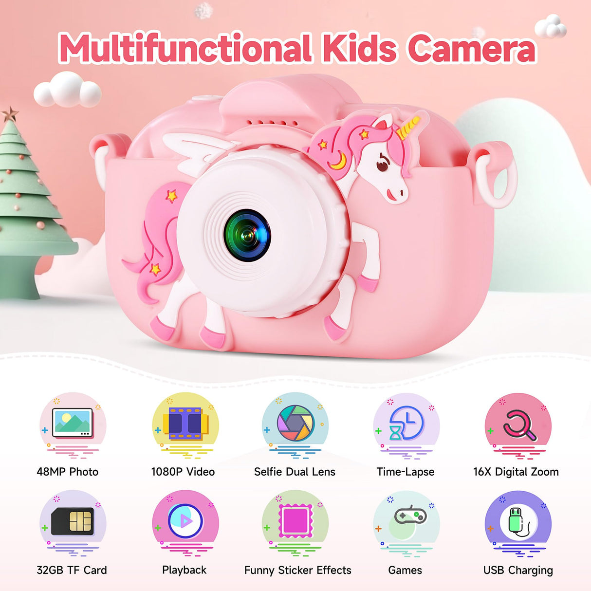 Kids Camera Toys for Ages 3 4 5 6 7 8 9 Girls, 48MP Dual Lens Toddler Digital Camera Christmas Birthday Gift, Kids Selfie Camera with 32G SD Card, Silicone Cover