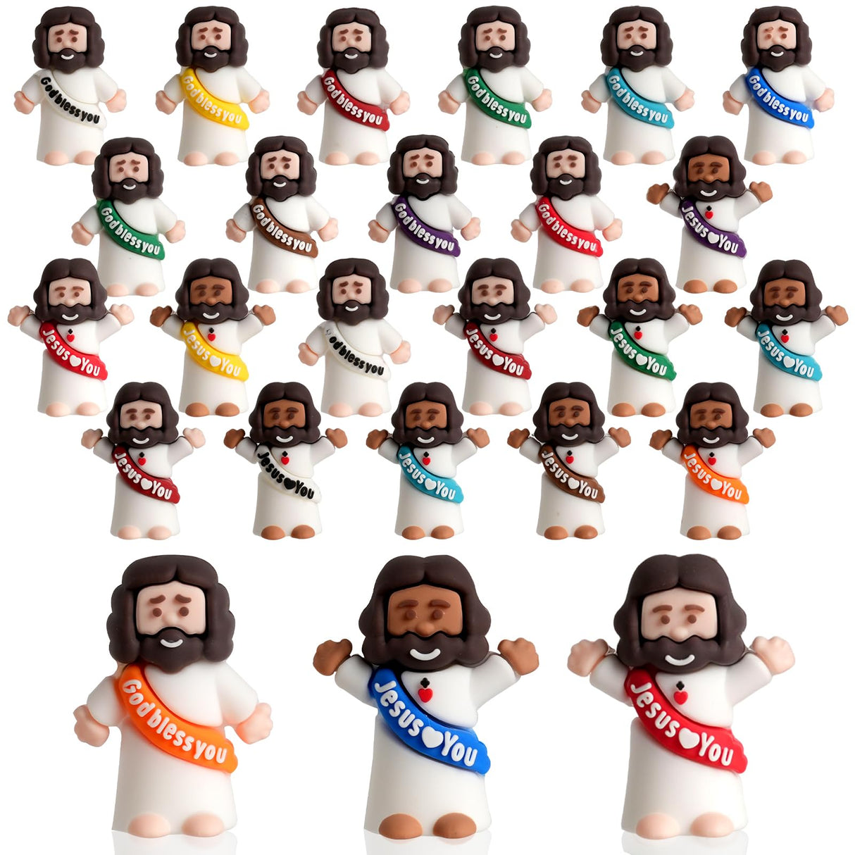 100pcs Little Jesus Figures in Bulk, Multicolor Mini Jesus Figurines Rubber Toys to Hide and Seek for Religious Party Favors , Sunday School Baptism, Christmas, Easter Egg Gifts for Kids, Man, Woman
