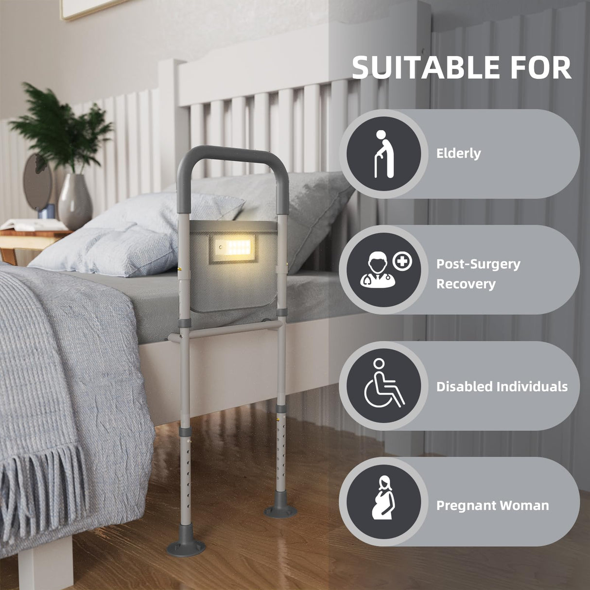 Bed Rails for Elderly Adults Safety: with Motion Sensor Light & Storage Bag -Adjustable Bed Assist Rail for Seniors - Side Bed Rail Handle Support Bar Guard Rails - Fit King Queen Full Twin Bed