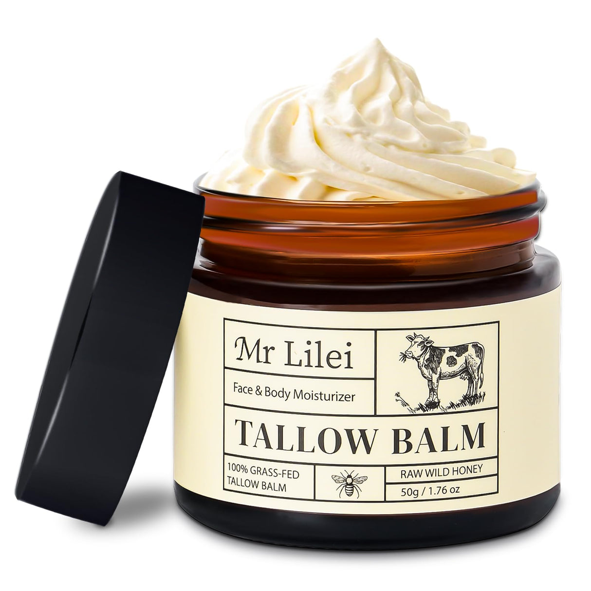 Grass-Fed Beef Tallow Balm for Skin with Raw Honey - Face & Body Moisturizer - Natural Whipped Skin Care Cream for Dry Skin- Hydrating Body Lotion for Nourishment (50g/1.76oz)