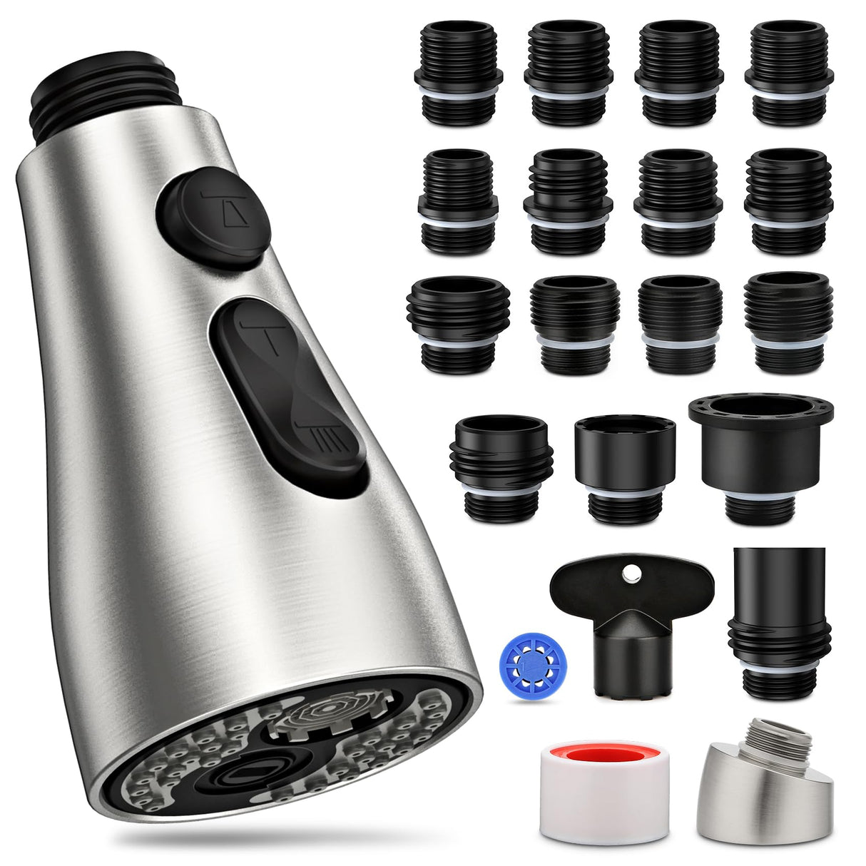 Kitchen Faucet Head Replacement 3 Modes with 17 Adapters, Pull Down Spray Head for Kitchen Faucet, Kitchen Sink Faucet Head G 1/2, Sprayer Head Replacement, Compatible with Moen,Delta, Kohler Faucets