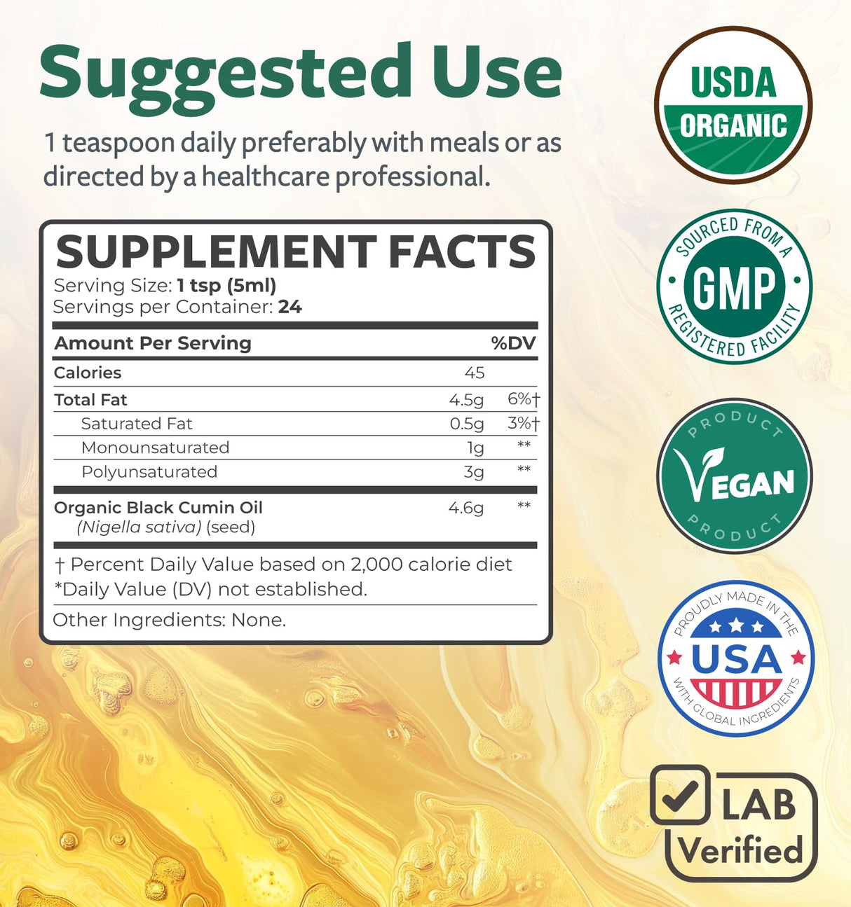 USDA Organic Black Seed Oil Liquid (4 fl oz) Premium Cold-Pressed Nigella Sativa Producing Pure Black Cumin Seed Oil - Antioxidant Supplement - Vegan, Gluten-Free, & Non-GMO (No Pills or Capsules)