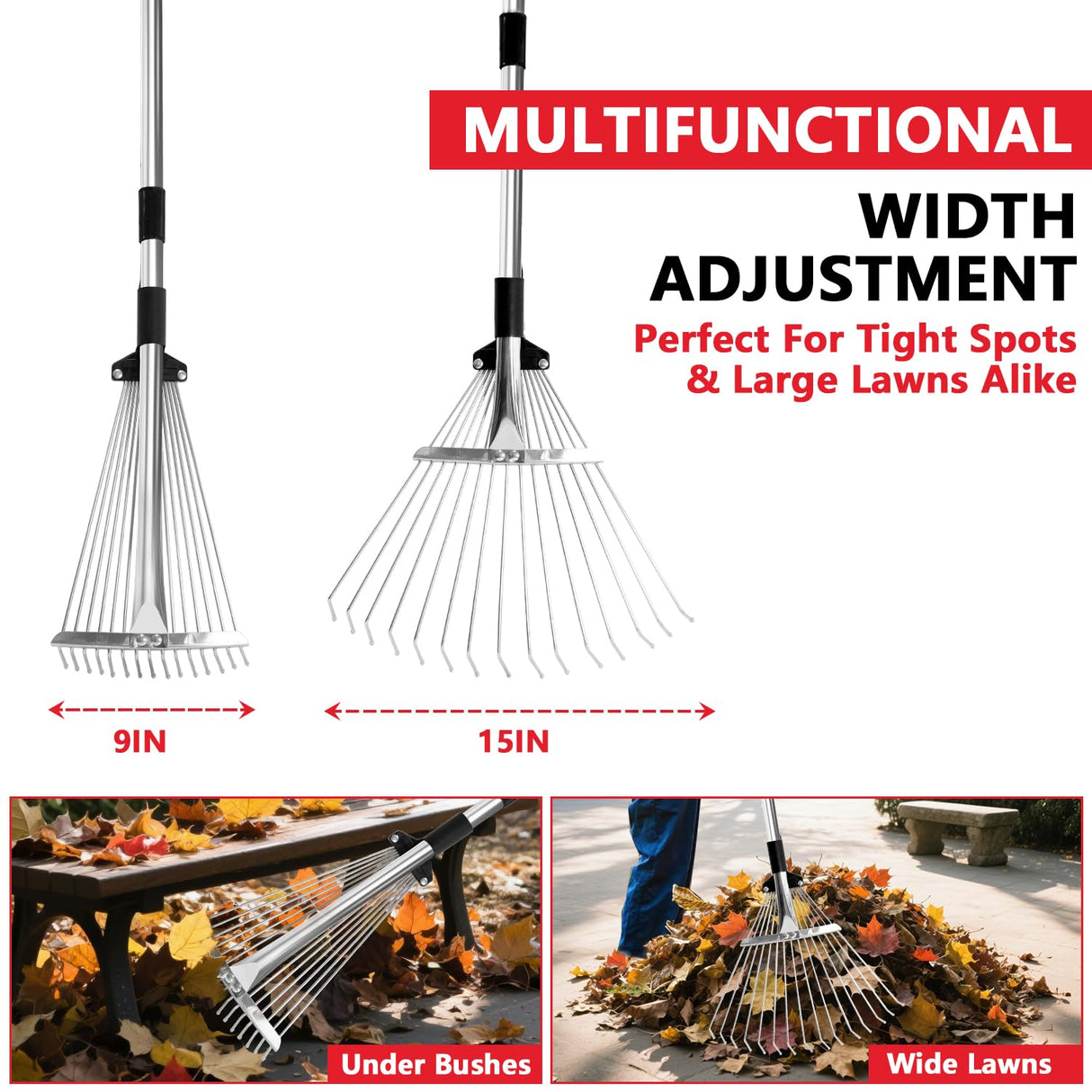 Leaf Rake Adjustable 23" to 75" - Stainless stelel Rake for Leaves, Garden Tools for Yard Lawn Shrub Garden Beds, Rastrillo para Jardin