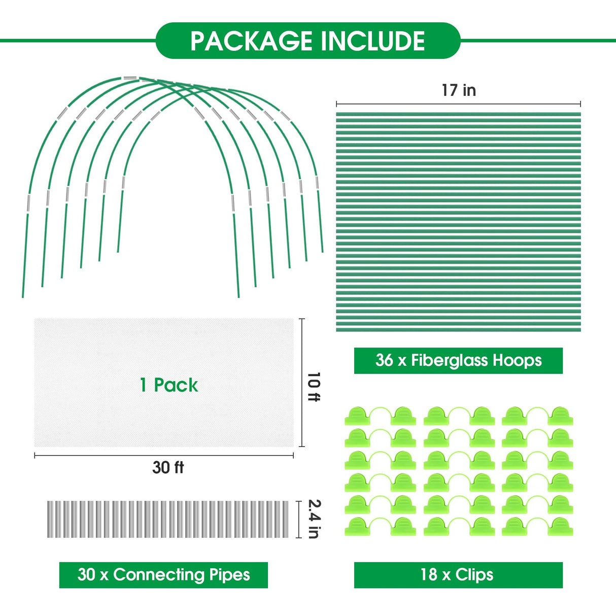 JCKHXG Garden Netting Kit, 10x30FT Ultra Fine Mesh Netting &6 Sets of 8FT Fiberglass Garden Hoops for Raised Beds, Vegetable Plants Fruits Flowers Birds Animals Barrier Protection Net