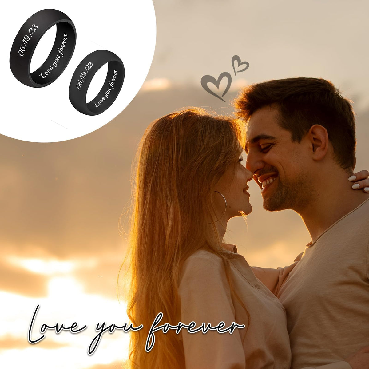 3UMeter 2Pcs Personalized Silicone Rings for Couples Custom Breathable Rubber Wedding Bands Men Women Engrave Silicone Wedding Bands for Him and Her Birthday Christmas Gift for Husband Wife